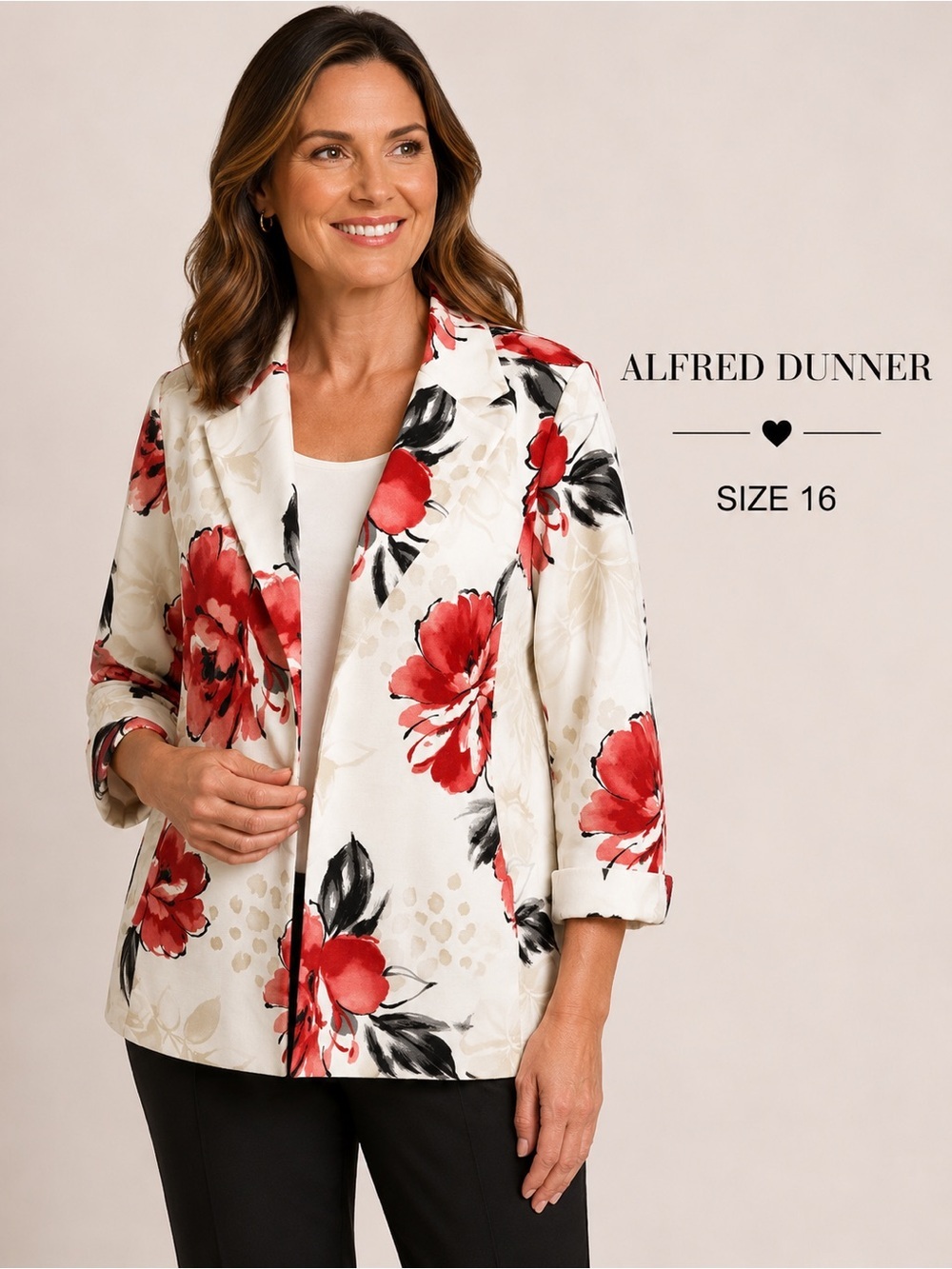 Alfred Dunner vintage Floral Blazer Jacket Cream Red Open Front Career Chic/16